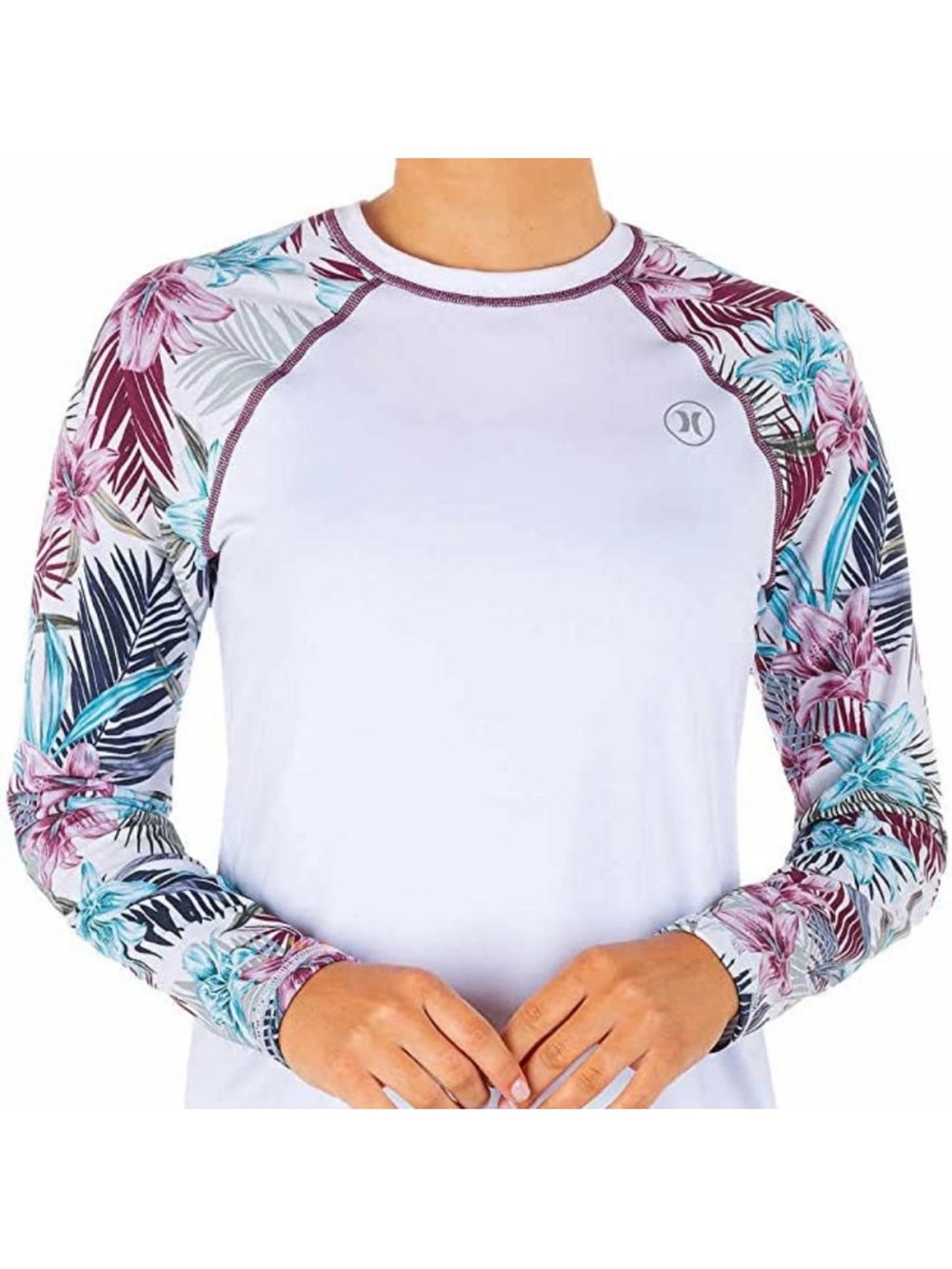 Hurley Women’s UPF 50 White Rash Guard with Floral Sleeve